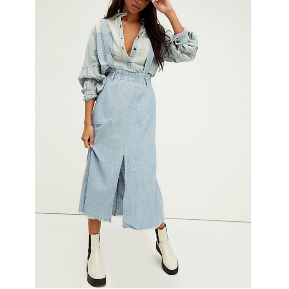 Free People Sweet Pea Maxi Skirt Fray Hem Front Slit Utility Suspender